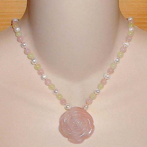 Rose Quartz Rose Necklace w/ Rose Quartz, New Jade & Pearl